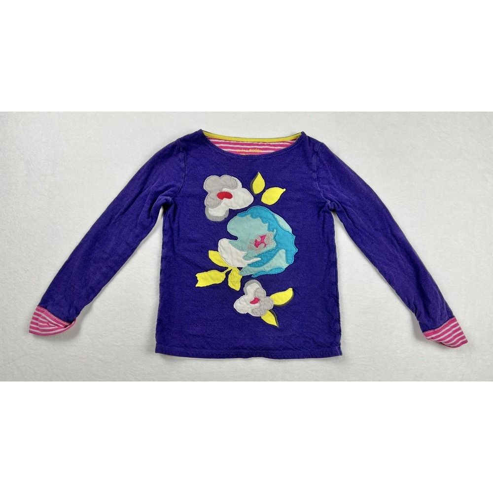 Mini Boden Girls 7-8Y Long Sleeve Applique Floral Shirt Purple Striped‎ Cuffs